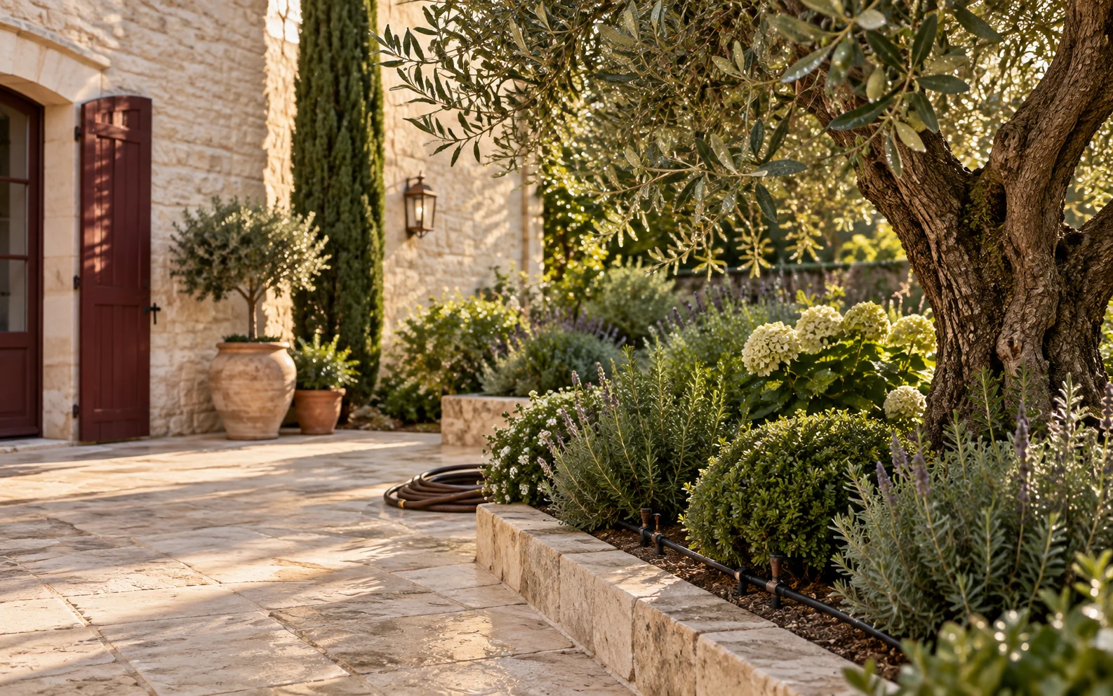 Un jardin ensoleillé, des oliviers et une irrigation discrète